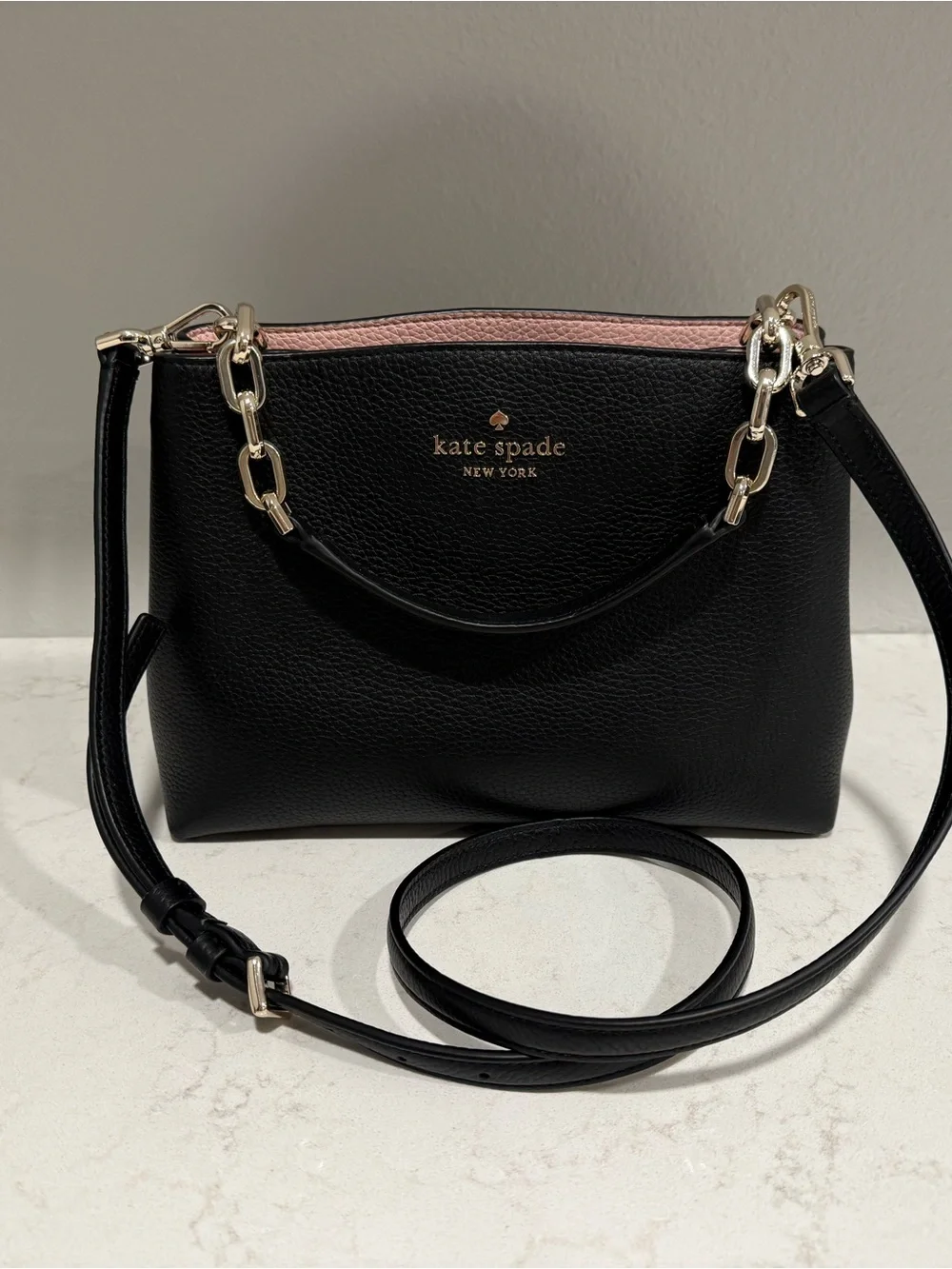 Kate Spade Aubrey Black Leather Crossbody with Pink Accent and Gold Chain